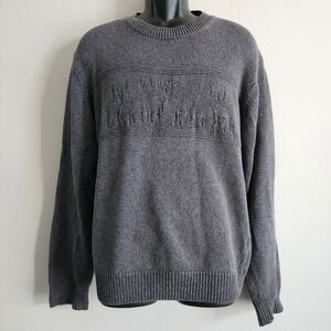 Woolrich Sweater Deer Embossed Textured Knit Mens L Charcoal‎ Christmas Minimal